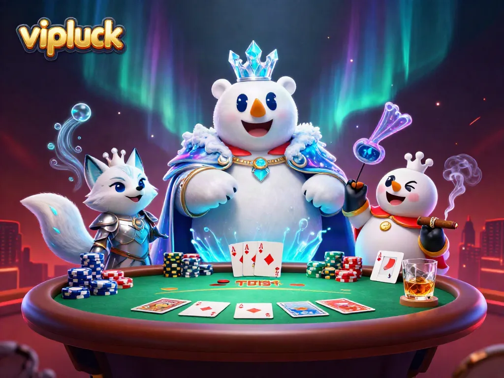 Engage with vipluck's vibrant casino atmosphere featuring a polar bear and snow fox amidst gambling elements.