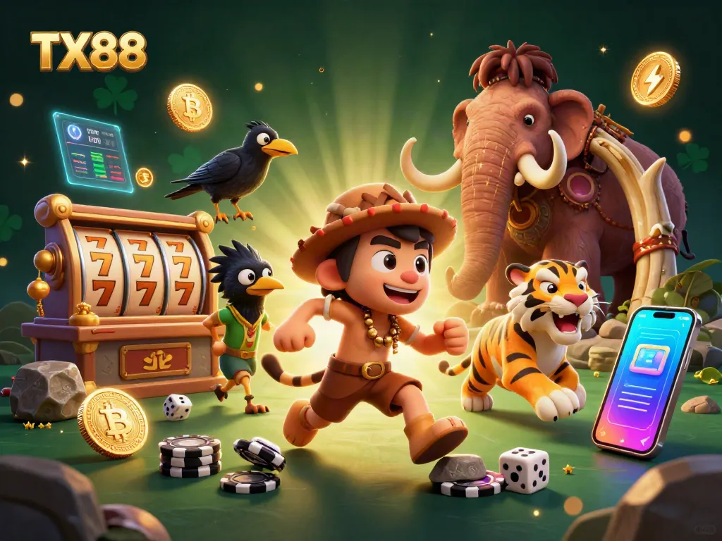 TX88 showcases a lively prehistoric casino scene with a caveman and sabertooth tiger, highlighting fun gaming elements.