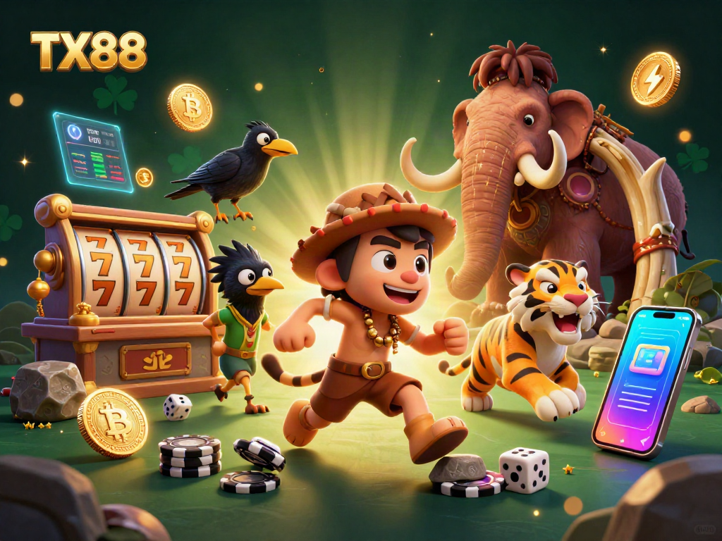 TX88 showcases a lively prehistoric casino scene with a caveman and sabertooth tiger, highlighting fun gaming elements.