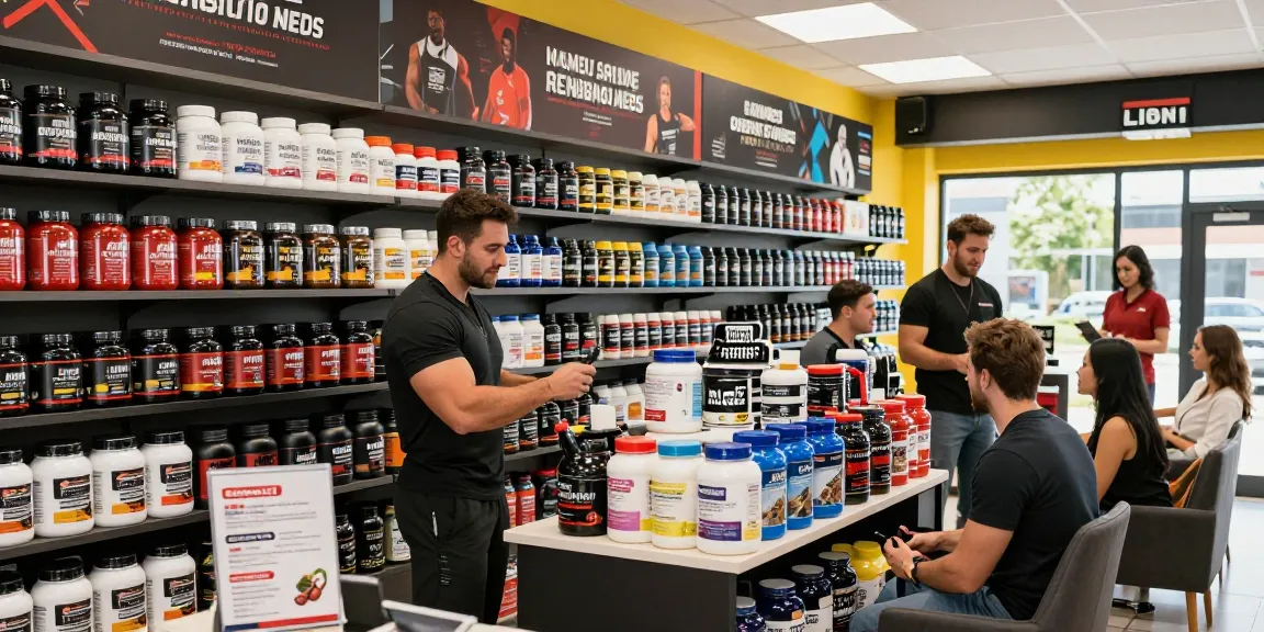 Anabolika Shop mit verschiedenen anabolen Steroiden und Supplements für Fitnessbegeisterte in einer lebhaften Ladenatmosphäre.