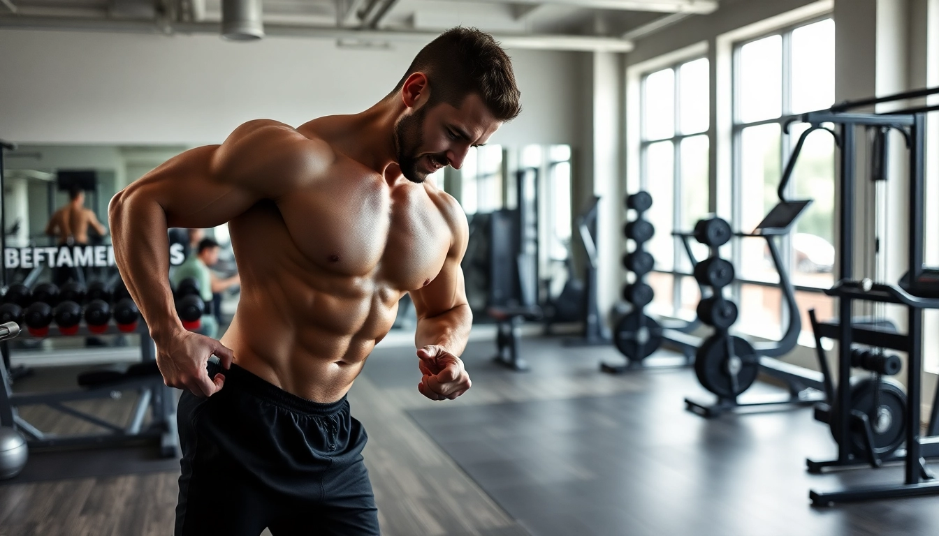 Bild eines Bodybuilders mit Unique Pharma Steroids Produkten im Fitnessstudio