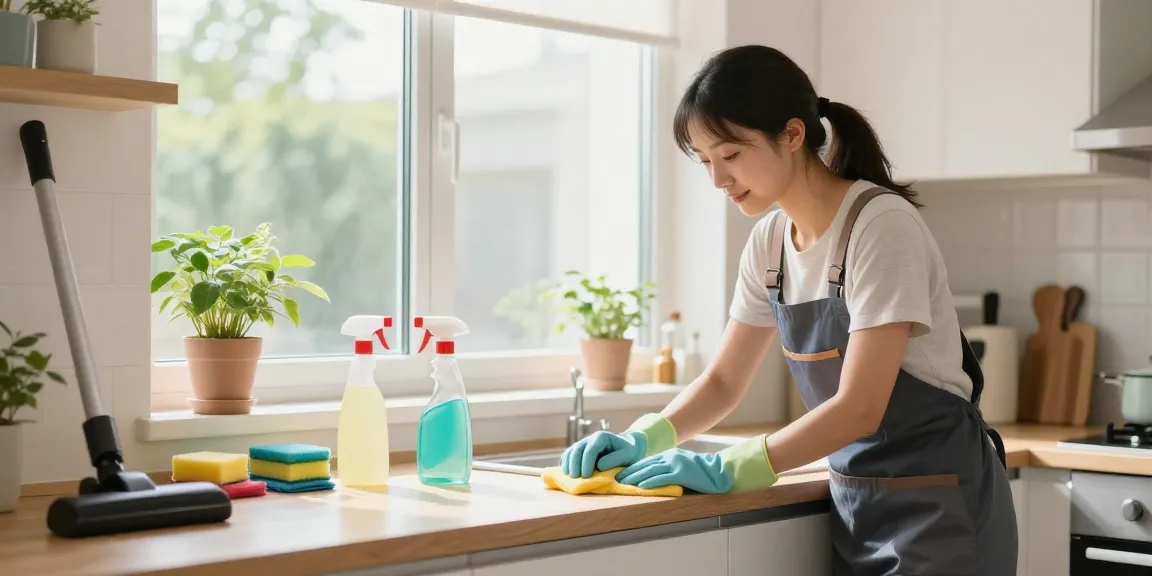 Professional residential reinigungen bern in a bright kitchen, cleaner at work with eco-friendly supplies.
