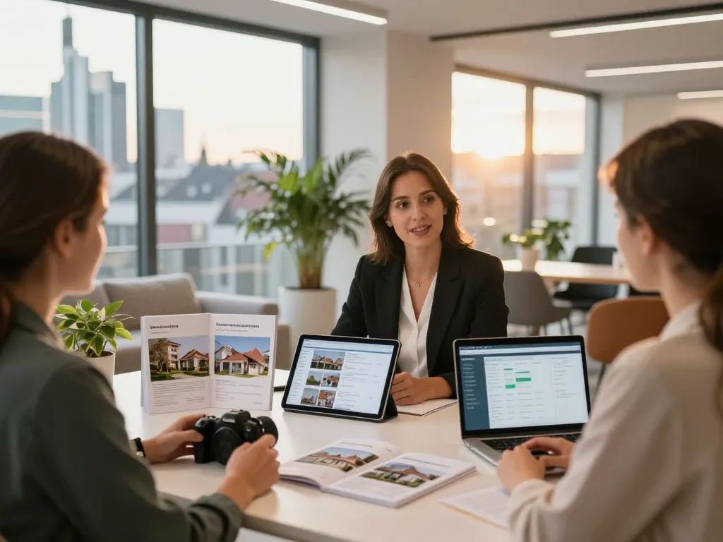 Immobilienmakler Frankfurt Preungesheim, der Kunden in einer modernen Immobilienbüroumgebung berät.