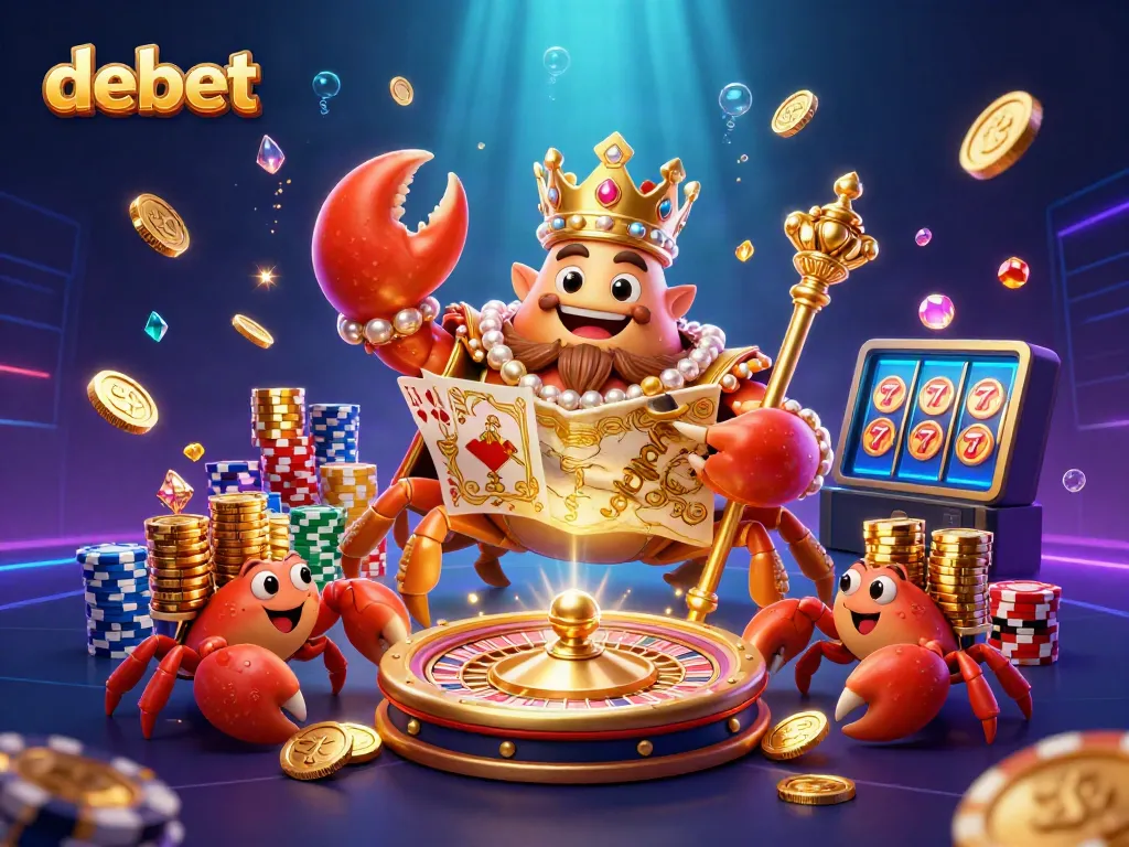 Experience the excitement of debet with a golden crab emperor and colorful casino elements.