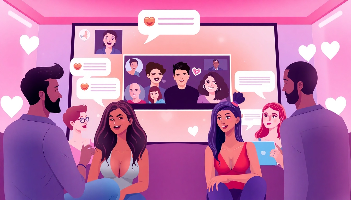 Engaging scene of a vibrant sex chat room illustrating playful interactions and diverse users in a welcoming digital space.