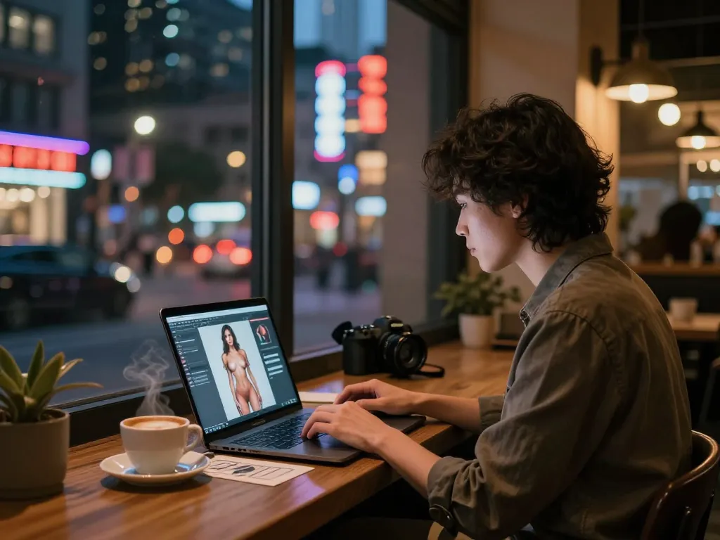 Individual enjoying AI porn content in a vibrant urban cafe setting with digital art displayed on laptop, capturing the intersection of technology and entertainment.