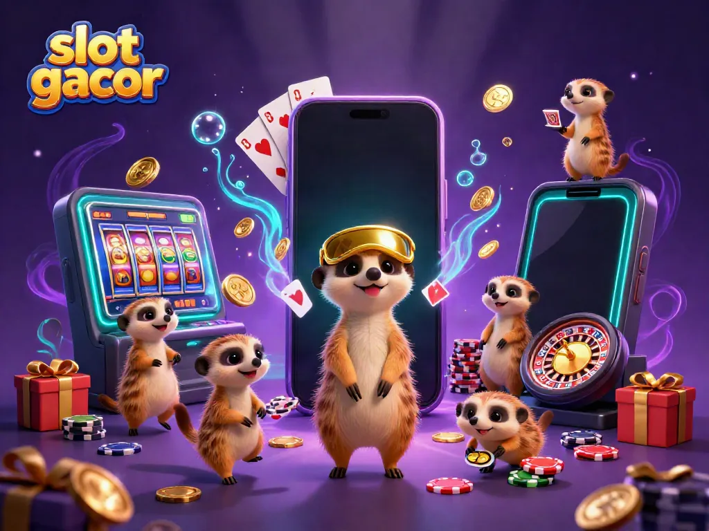 Engaging scene of meerkats in a vibrant casino, showcasing slot gacor games and golden coins bursting from a smartphone.