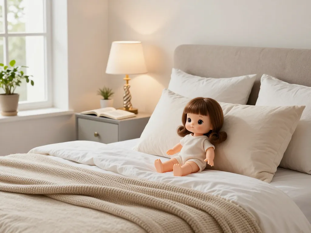 Elegantes Schlafzimmer mit einer sofort lieferbar Liebespuppe auf einem stilvollen Bett, das Komfort und modernen ästhetischen Reiz vermittelt.