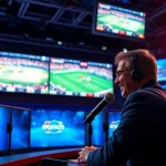 Engaging scene of sports broadcasting with announcer in action, showcasing the excitement of Sports Broadcasting.