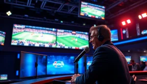 Engaging scene of sports broadcasting with announcer in action, showcasing the excitement of Sports Broadcasting.