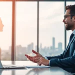 Headhunter Schweiz führt ein Gespräch mit einem Kandidaten in einem modernen Büro.