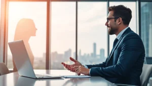 Headhunter Schweiz führt ein Gespräch mit einem Kandidaten in einem modernen Büro.