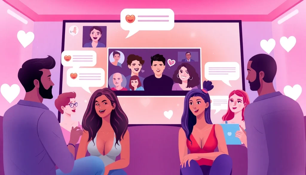 Engaging scene of a vibrant sex chat room illustrating playful interactions and diverse users in a welcoming digital space.