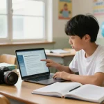 Student, der Hausaufgaben Löser Software zur Unterstützung bei den Hausaufgaben in einem hellen Klassenzimmer verwendet.