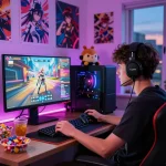 Young man enjoying a hentai game on his computer, excited amidst anime decor and snacks.