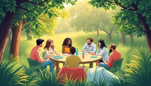 Engaging community discussion promoting mental health awareness in a serene setting.