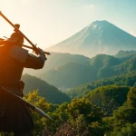 Dynamische Ansicht des Samurai in der Ghost of Yōtei Bewertung vor der schönen Landschaft des Mount Yōtei.