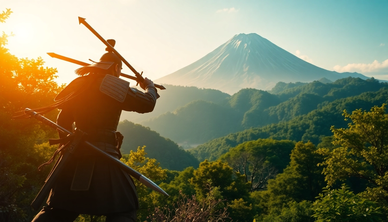 Dynamische Ansicht des Samurai in der Ghost of Yōtei Bewertung vor der schönen Landschaft des Mount Yōtei.