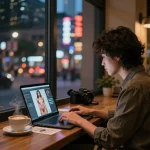 Individual enjoying AI porn content in a vibrant urban cafe setting with digital art displayed on laptop, capturing the intersection of technology and entertainment.