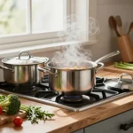 Helle Küche mit GreenKitchen Kochtöpfe kaufen, die frische Zutaten und Kochwerkzeuge hervorhebt.