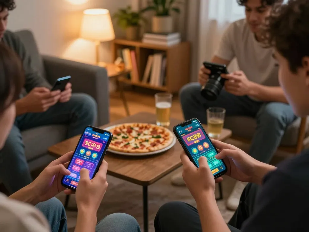 Players enjoying SC88 Game on mobile devices in a cozy living room setting.