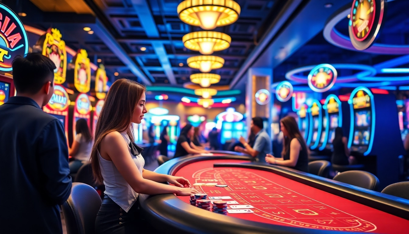 Spannende Spieler beim online casino spielen in einer lebhaften Atmosphäre mit bunten Lichtern.