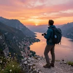 Reisetipps Gardasee Reisender genießt den Sonnenuntergang über dem See mit Ausrüstung.