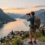 Gardasee Reisetipps: Reisender am Aussichtspunkt des Gardasees während der goldenen Stunde, der die malerische Landschaft einfängt.