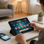 Engaging in a sunwin online casino game on tablet while jotting strategic notes in a modern setup.