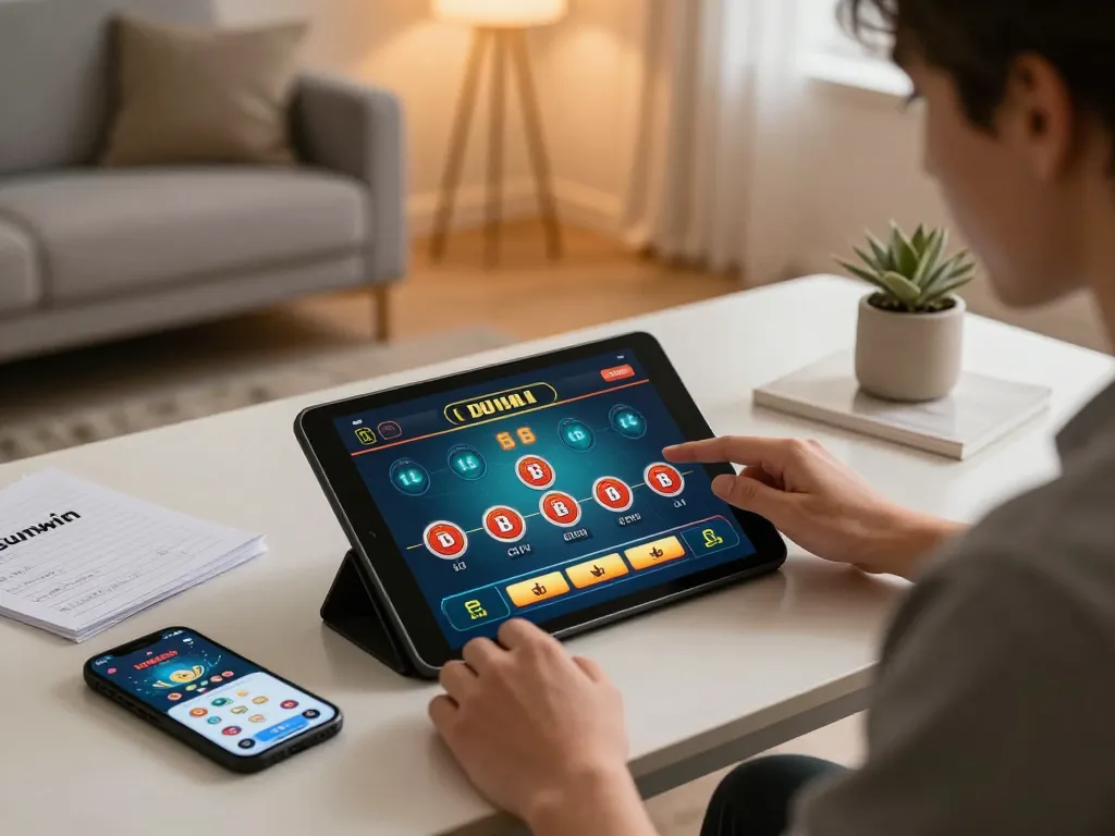 Engaging in a sunwin online casino game on tablet while jotting strategic notes in a modern setup.