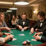 Players strategizing in a high-stakes poker game at CM88, vibrant chips in action and an inviting atmosphere.