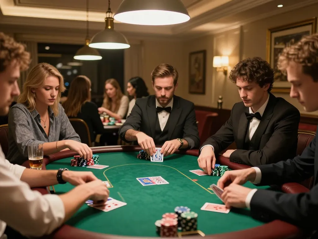 Players strategizing in a high-stakes poker game at CM88, vibrant chips in action and an inviting atmosphere.