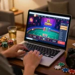 Engaging gameplay on 23Win online casino displayed on laptop in cozy home setting.