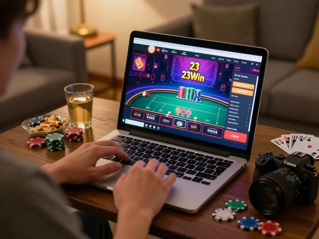 Engaging gameplay on 23Win online casino displayed on laptop in cozy home setting.