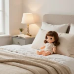 Elegantes Schlafzimmer mit einer sofort lieferbar Liebespuppe auf einem stilvollen Bett, das Komfort und modernen ästhetischen Reiz vermittelt.