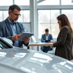 Kfz Gutachten Düsseldorf: Expert reviewing vehicle condition in a professional office setting.