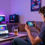 Exciting gaming atmosphere featuring B52 CLUB on smartphone and laptop showcasing vibrant visuals from https://b52club.radio.fm/.