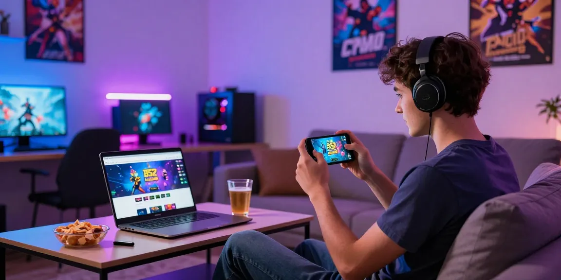 Exciting gaming atmosphere featuring B52 CLUB on smartphone and laptop showcasing vibrant visuals from https://b52club.radio.fm/.