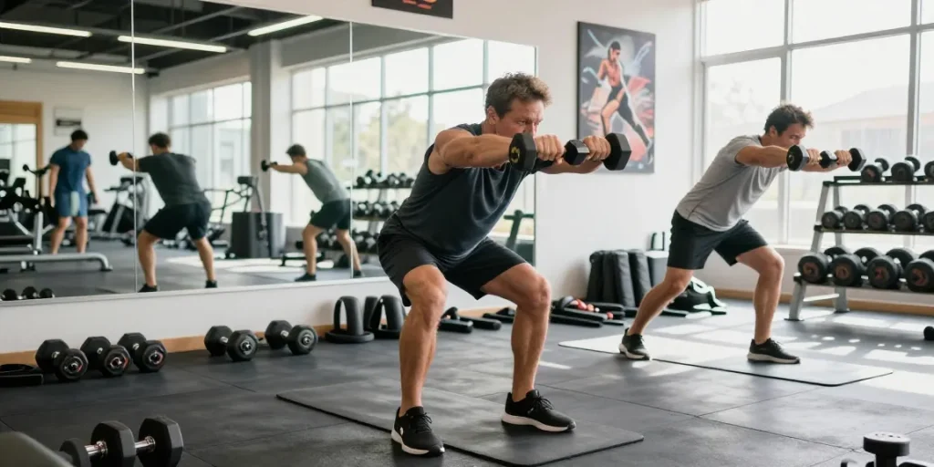 Engagierter Sportler trainiert im Fitnessstudio des Medi Pharma Shops und präsentiert Fitnessprodukte.