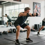 Engagierter Sportler trainiert im Fitnessstudio des Medi Pharma Shops und präsentiert Fitnessprodukte.