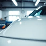 Leasinfahrzeug aufbereitung in einer modernen Werkstatt mit einem glänzenden Fahrzeug im Fokus.