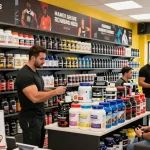 Anabolika Shop mit verschiedenen anabolen Steroiden und Supplements für Fitnessbegeisterte in einer lebhaften Ladenatmosphäre.