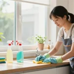 Professional residential reinigungen bern in a bright kitchen, cleaner at work with eco-friendly supplies.