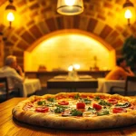 Genieße eine traditionelle Pizza mit frischen Zutaten und verlockendem Belag, perfekt für ein geselliges Essen.