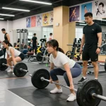 Aktive Fitness-Enthusiasten im Selliza Shop beim Gewichtheben in einem modernen Fitnessstudio