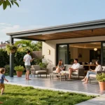 Terrassenüberdachungen in einer modernen Gartenlandschaft mit Familie, die die Freizeit genießt.