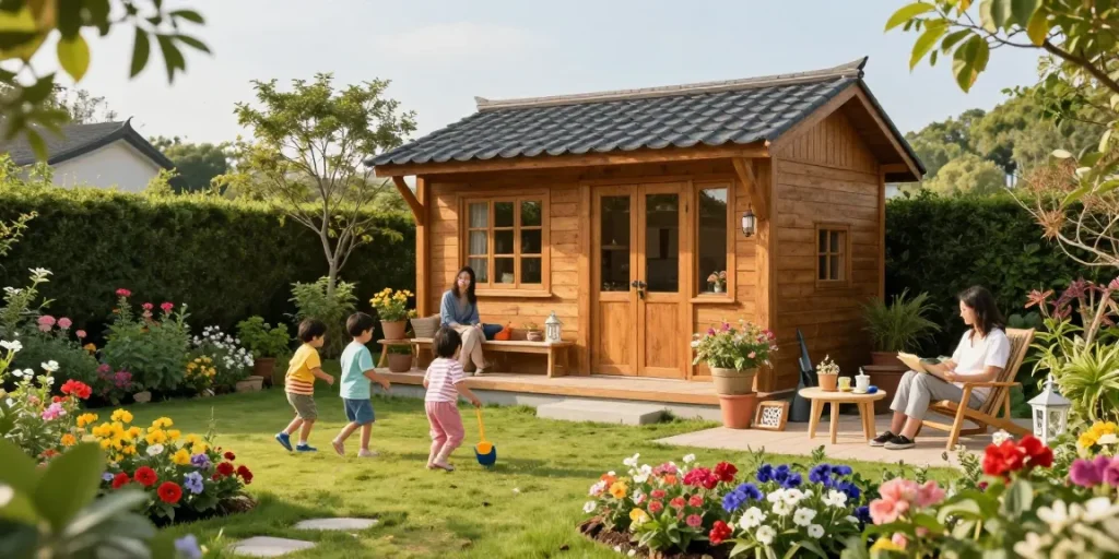 Gartenhaus kaufen: Traditionelles Holz-Gartenhaus im blühenden Garten mit spielenden Kindern und dekorativen Elementen.