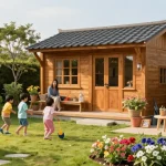 Gartenhaus kaufen: Traditionelles Holz-Gartenhaus im blühenden Garten mit spielenden Kindern und dekorativen Elementen.