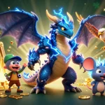Experience the excitement of an online casino with animated characters and vibrant treasures.