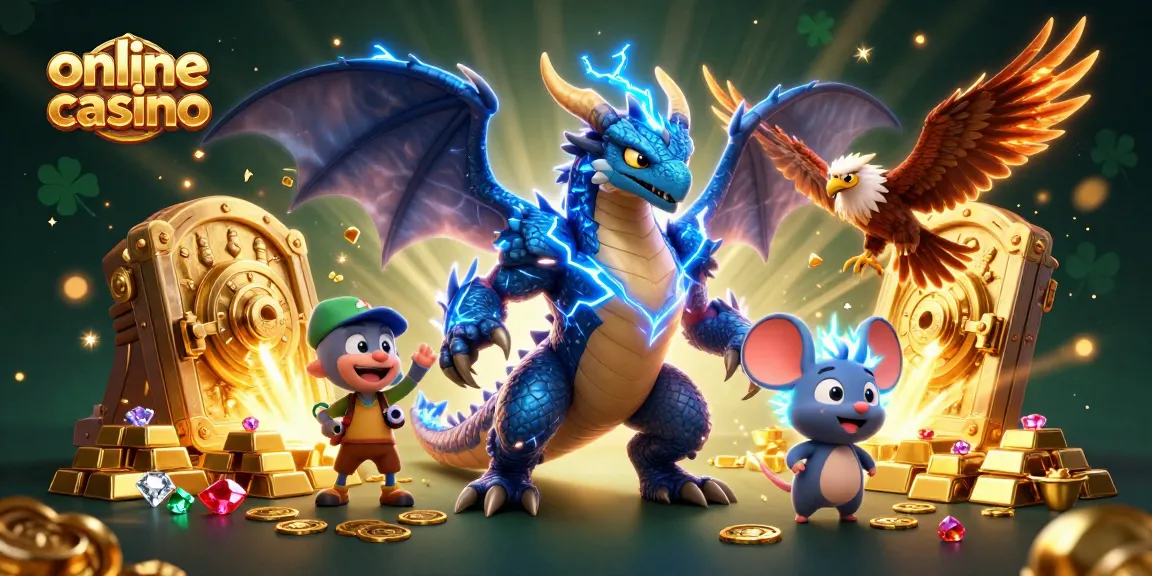 Experience the excitement of an online casino with animated characters and vibrant treasures.